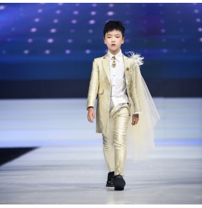 Boys kids singers host mode show outfits pianist performance champagne asymmetrical personality dress suit set trench coat dress set kids British catwalk dress coat for boy